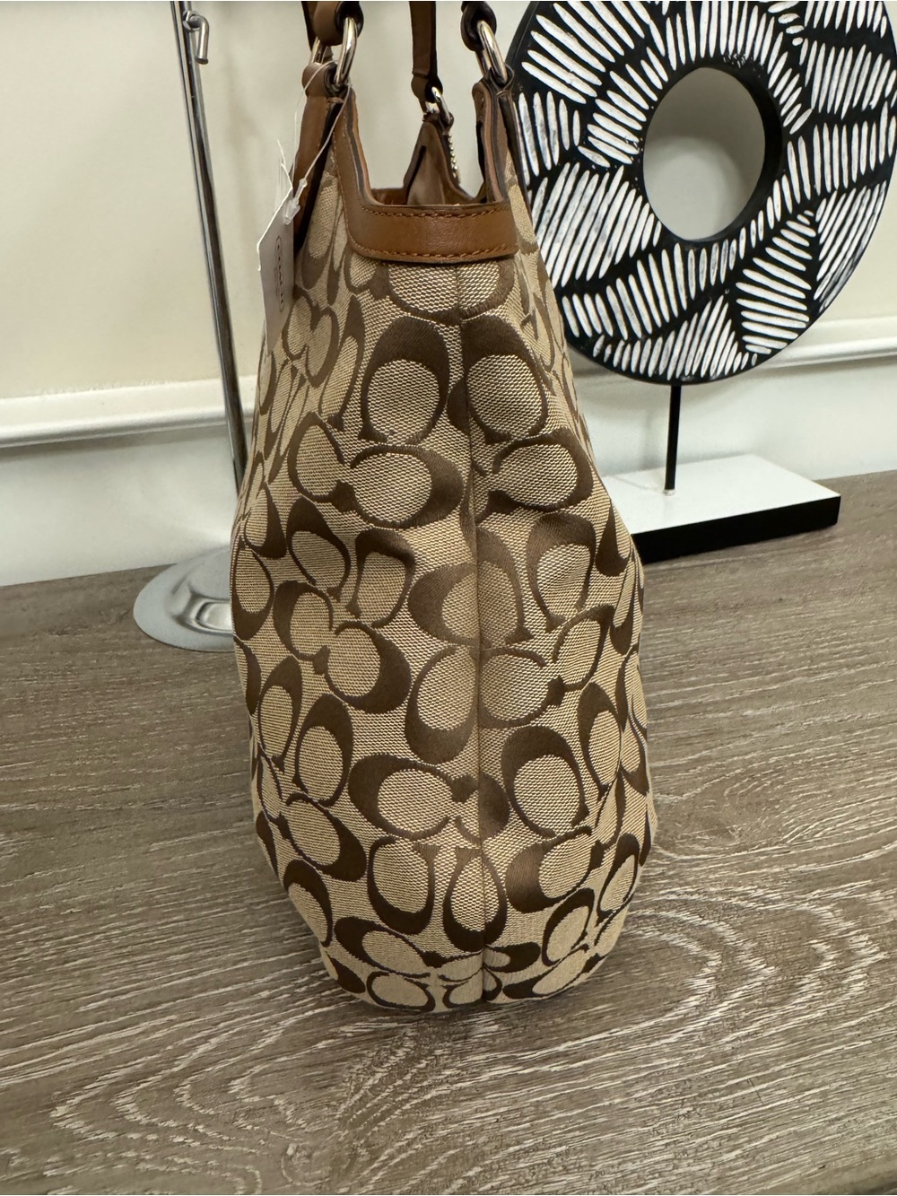Coach Tan Signature  Canvas Tote with Brown Leather Trim - Picture 6 of 13